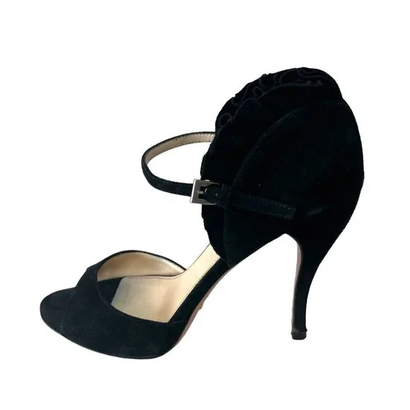 PRADA Open Toe Ruffle Suede Strap Ankle Heel Sandals Women's Size 7 Prom Formal - Picture 4 of 16